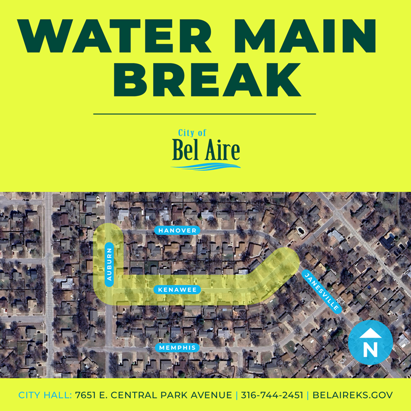 Graphic noting the area of a water main break on Kenawee Street. 