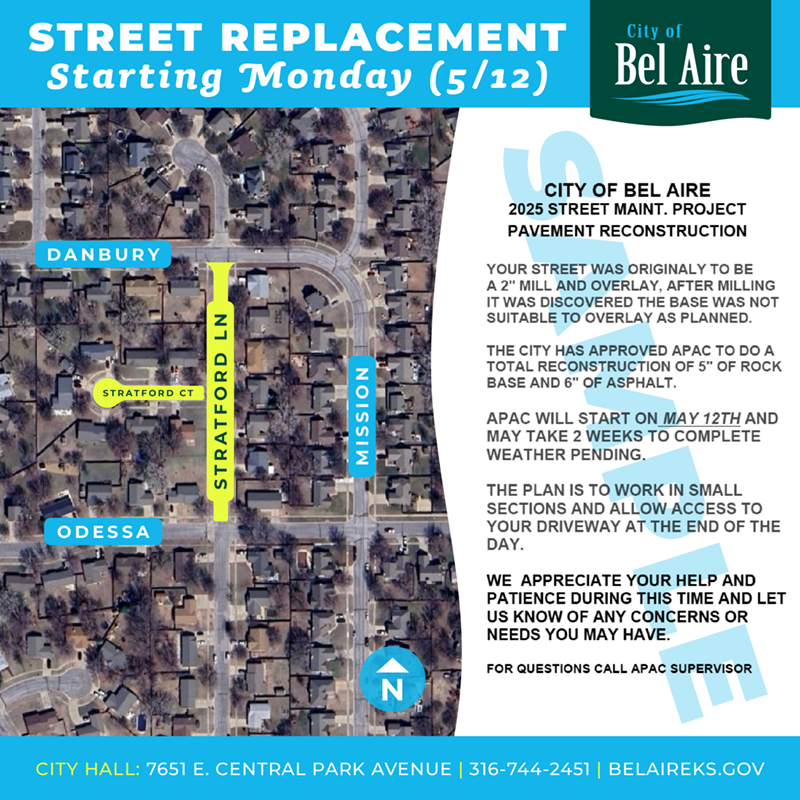 Map showing location of street replacement of Stratford Lane & Stratford Court in Bel Aire