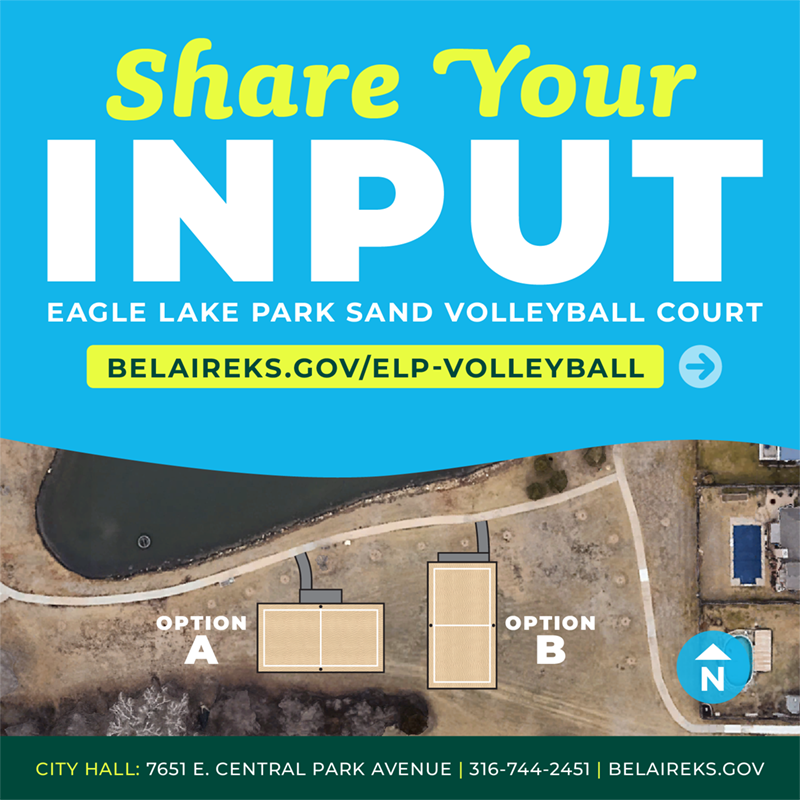 Graphic promoting input gathering for the new sand volleyball court in Eagle Lake Park
