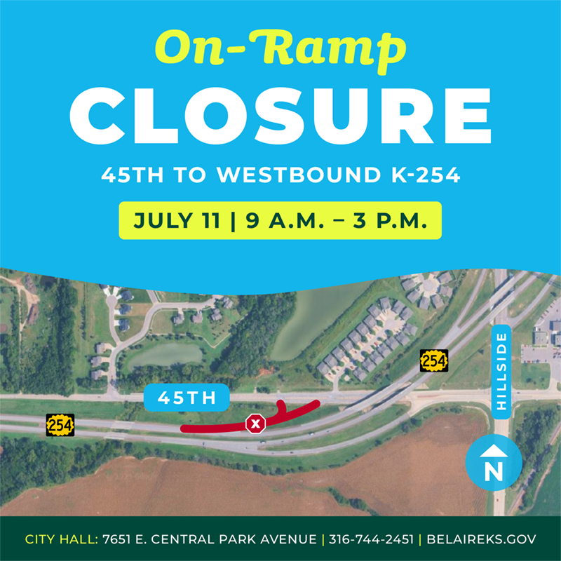 Map showing upcoming on-ramp closure along K-254 and 45th Street