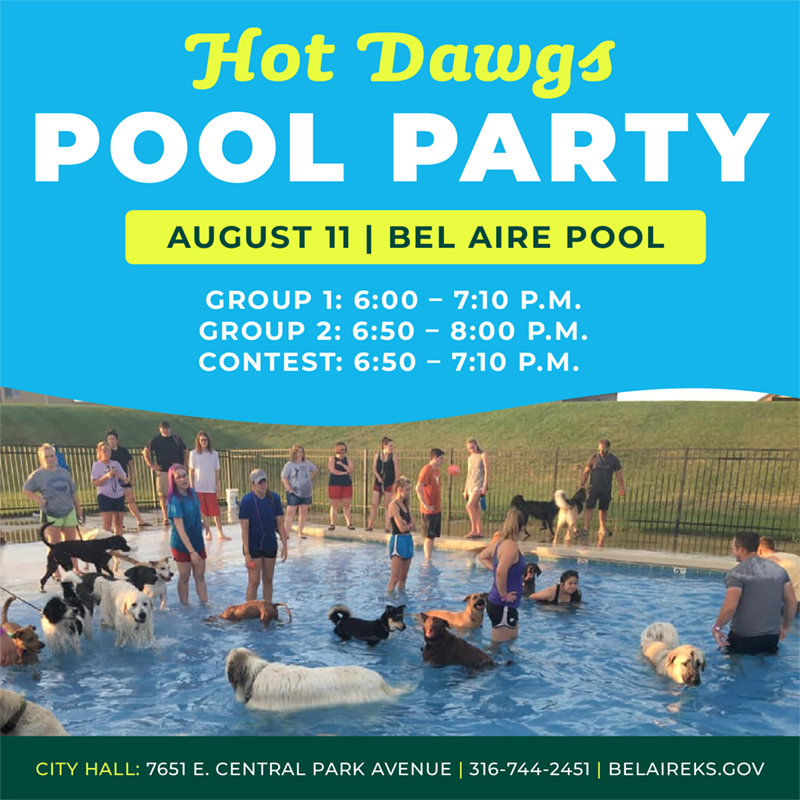 People and dogs in the Bel Aire Community Pool with times of the Pool Party