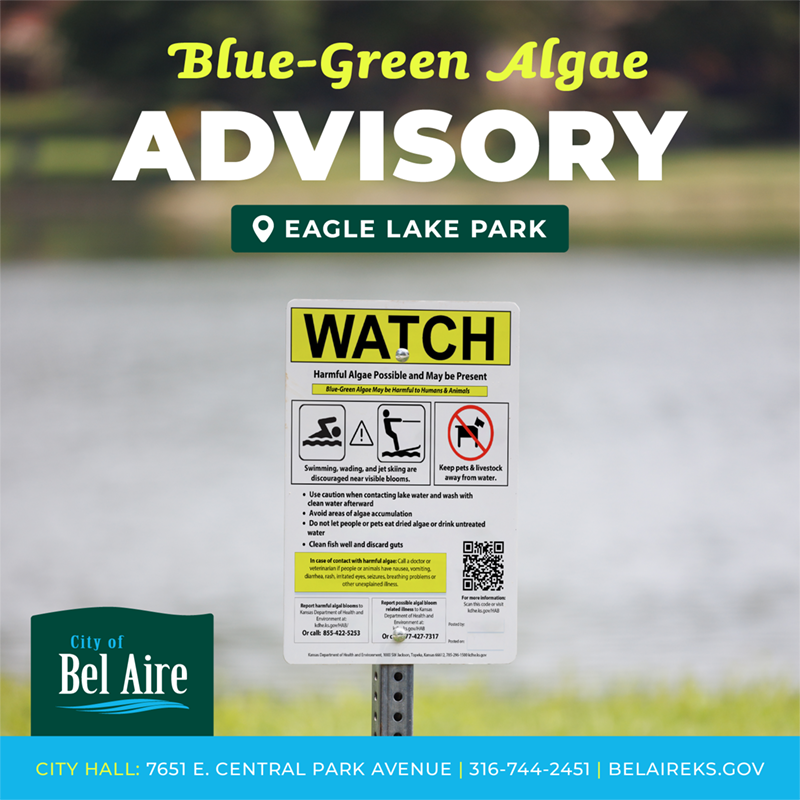 Algae watch advisory signage notifying residents that blue-green algae has been detected.