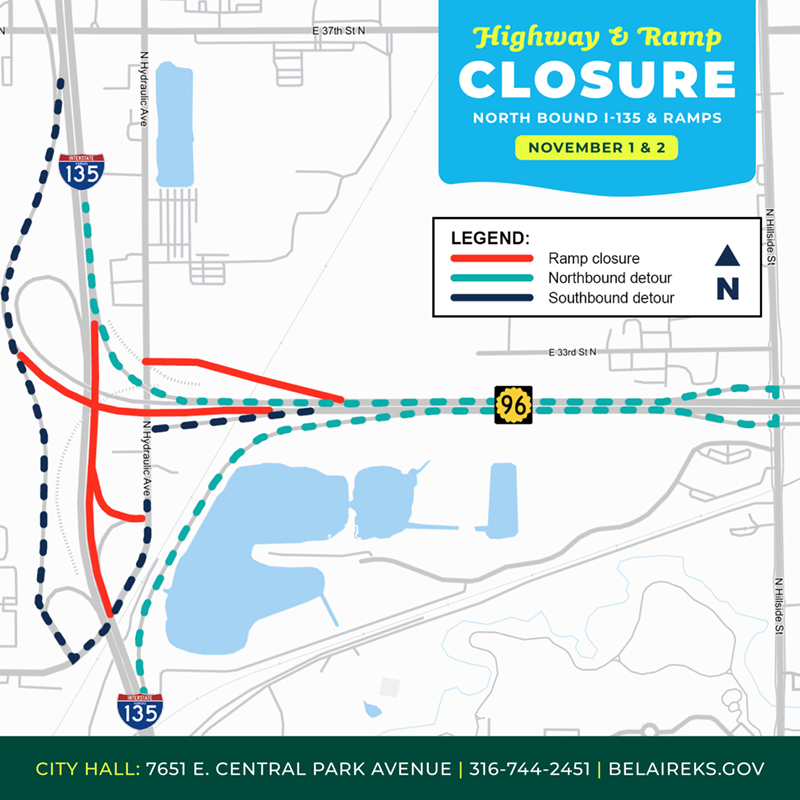 Nov 1&2 2025 northbound I-135 and connecting ramp closure map Kansas Department of Transportation