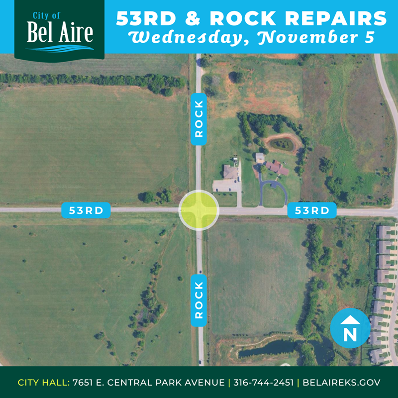 notice of repairs to the intersection of 53rd and Rock Road in Bel Aire