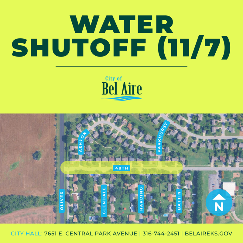 Scheduled water shut off in Bel Aire on 48th Street between Oliver and Battin. 