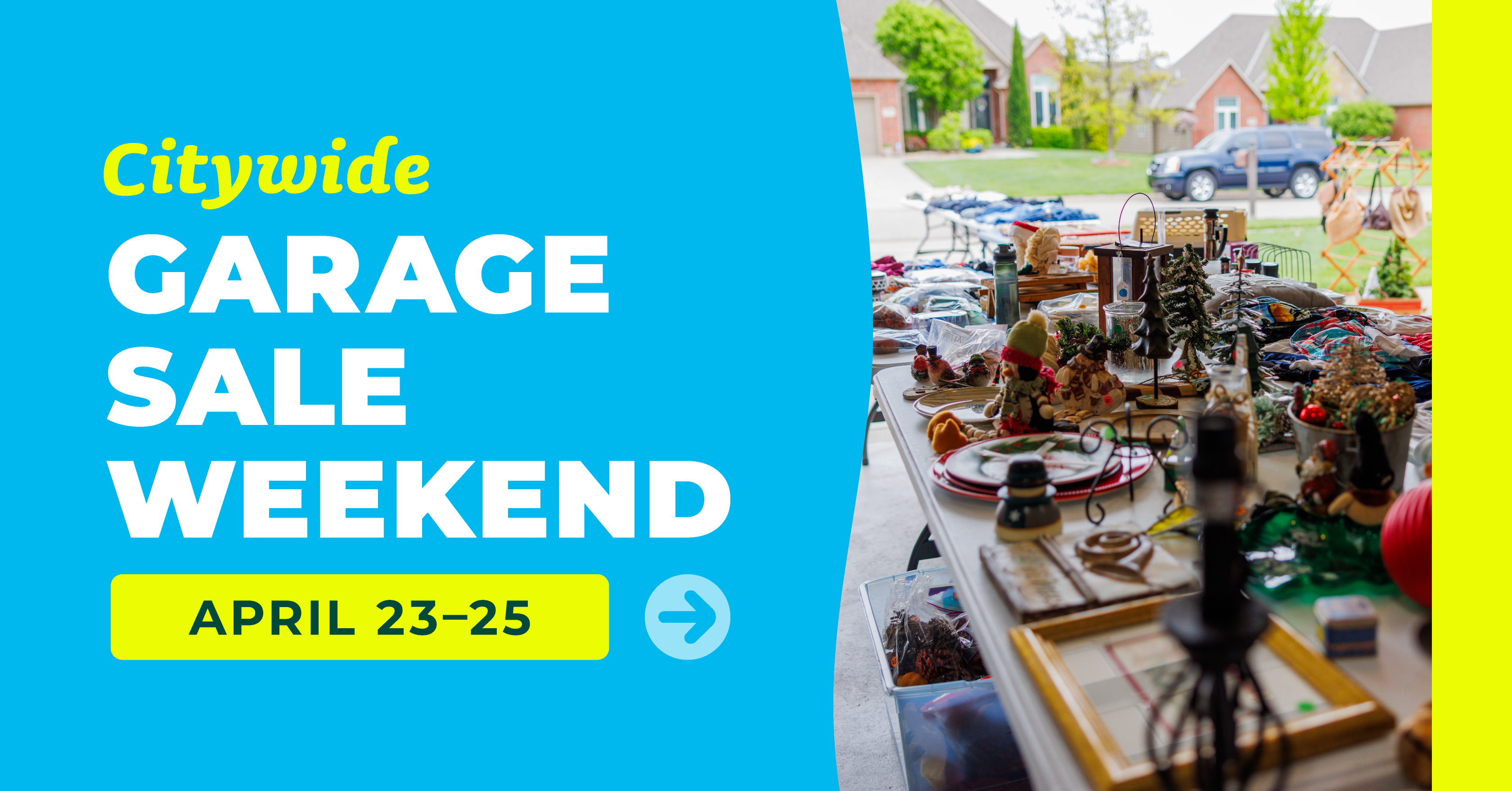 Items sitting on a table in a garage for Bel Aire Citywide Garage Sale Weekend