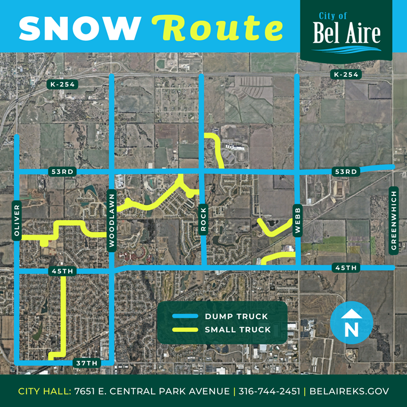 Map of Bel Aire Kansas with blue and yellow lines highlighting the local snow routes