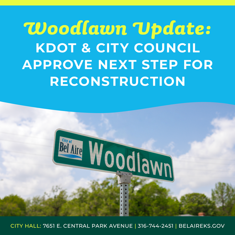 KDOT & Council Approve Woodlawn Next Step with standard green street sign with 