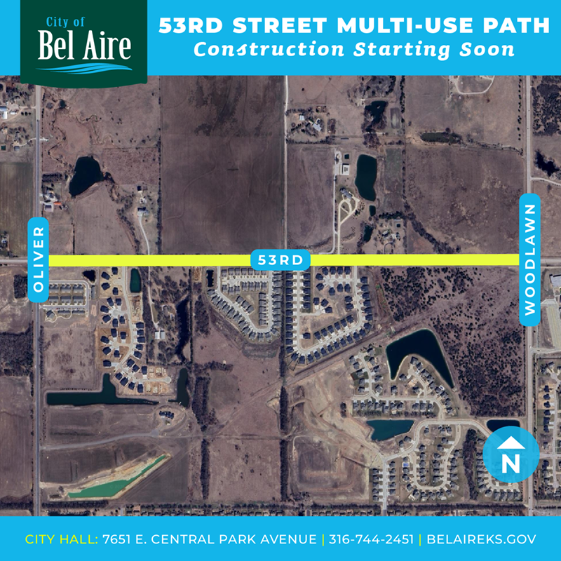 Map of the upcoming 53rd Street Multi-Use Path construction that is starting soon in Bel Aire