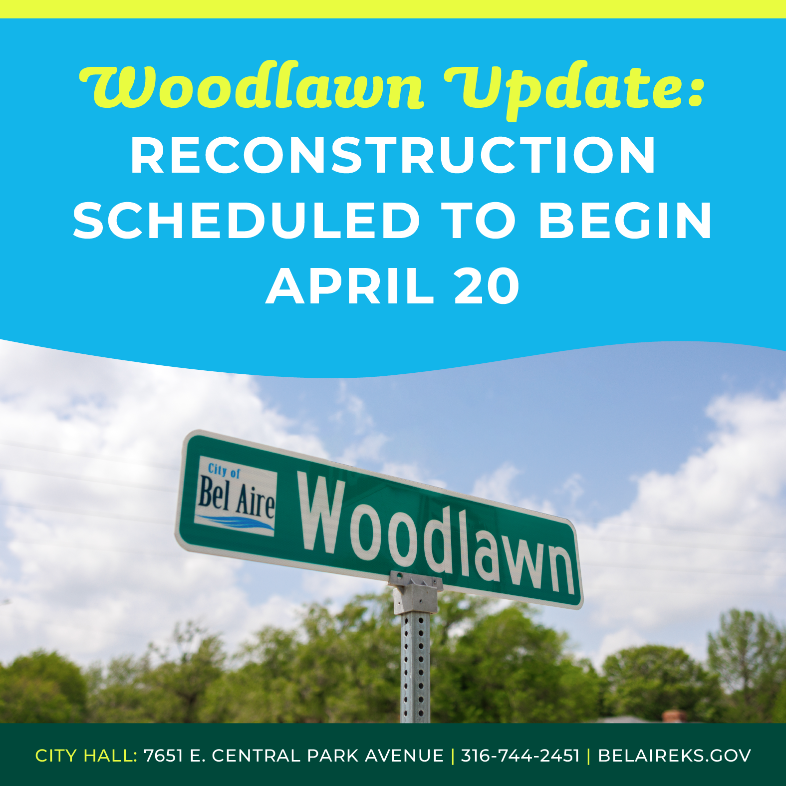 Green Woodlawn road sign with blue sky and green tree background